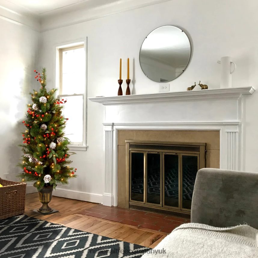 Trees | National Tree Company Pre-Lit Artificial Entrance Christmas Tree Frosted Berry Pine Green White Lights Decorated with Berry Clusters Pine Cones Includes Metal Base 4 Feet F2L4F101